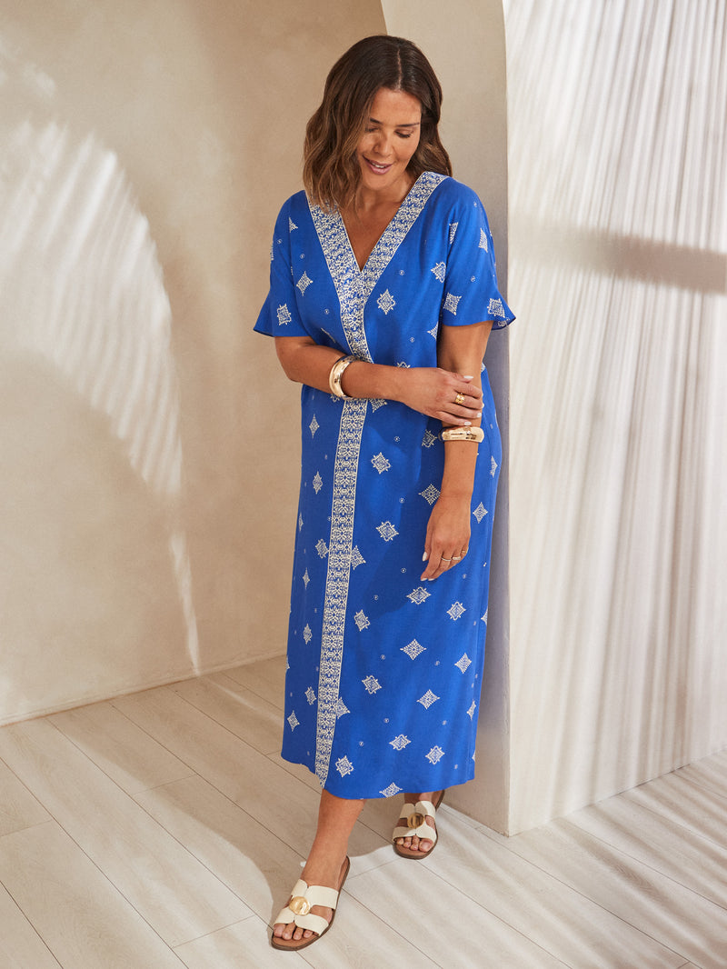 Blue Placement Print V Neck Midaxi Dress