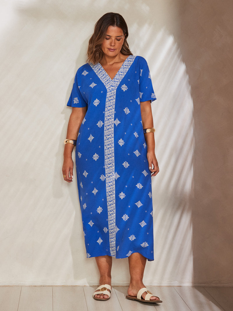 Blue Placement Print V Neck Midaxi Dress