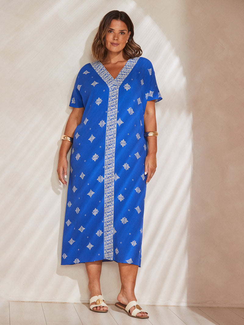 Blue Placement Print V Neck Midaxi Dress