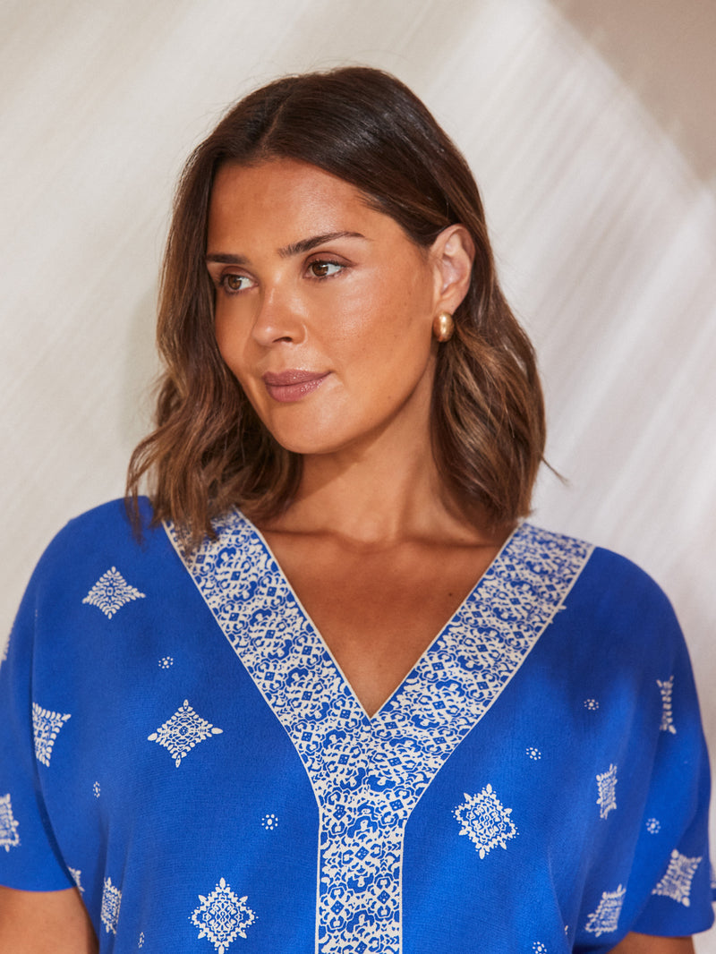 Blue Placement Print V Neck Midaxi Dress