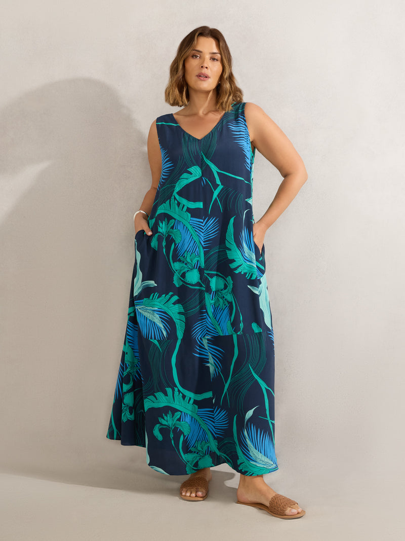 Abstract Leaf Print V Neck Maxi Swing Dress