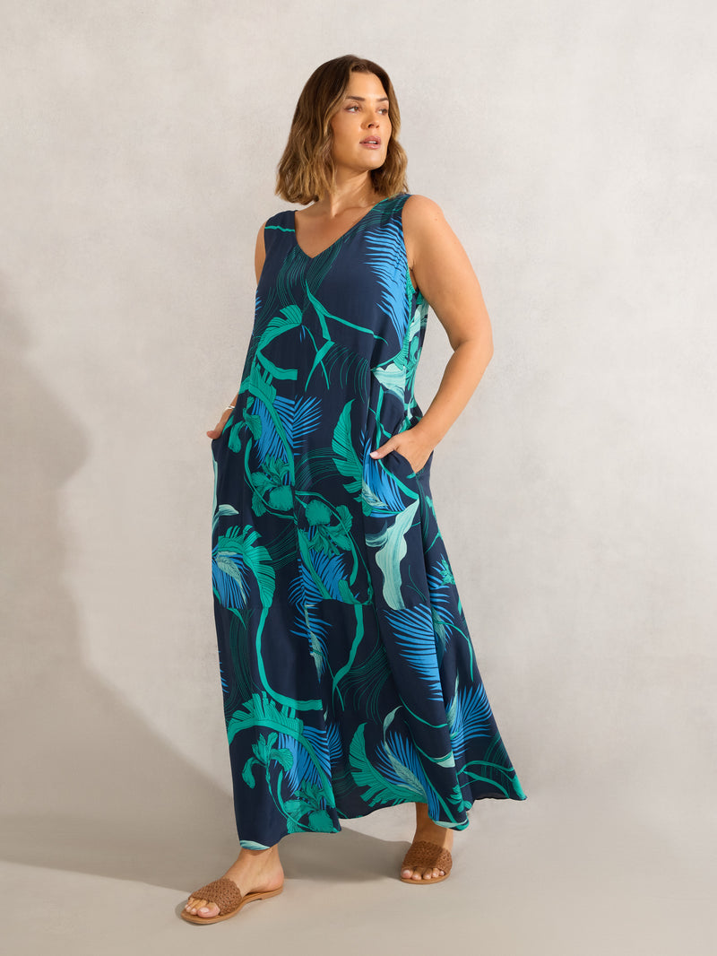Abstract Leaf Print V Neck Maxi Swing Dress