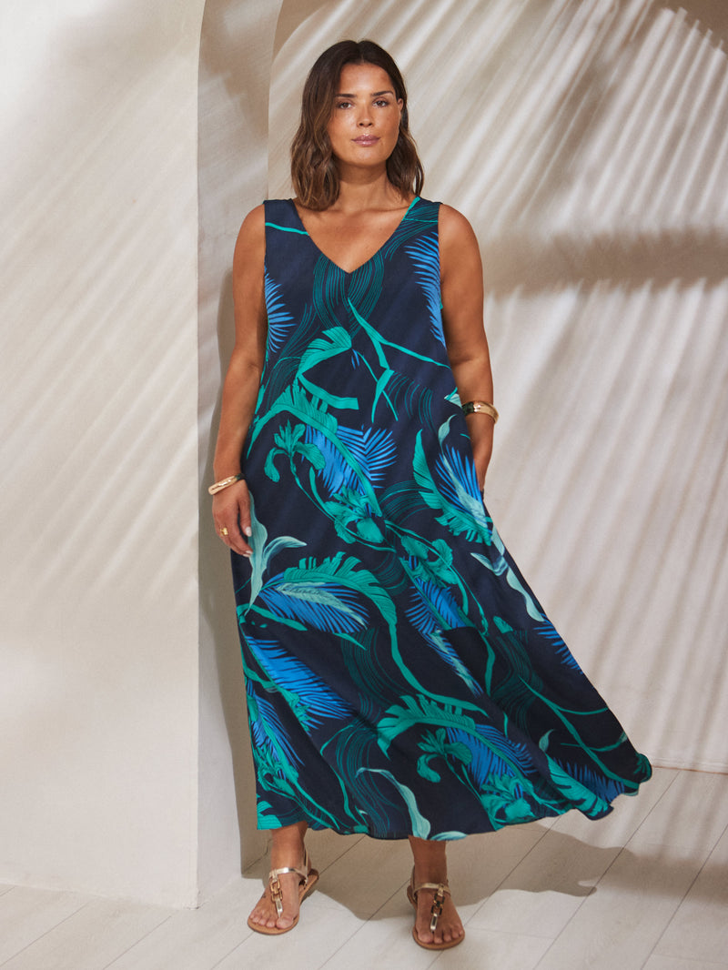 Abstract Leaf Print V Neck Maxi Swing Dress