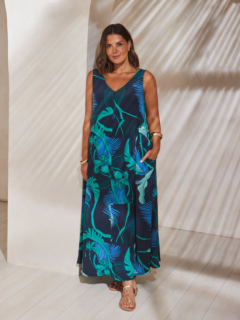 Abstract Leaf Print V Neck Maxi Swing Dress
