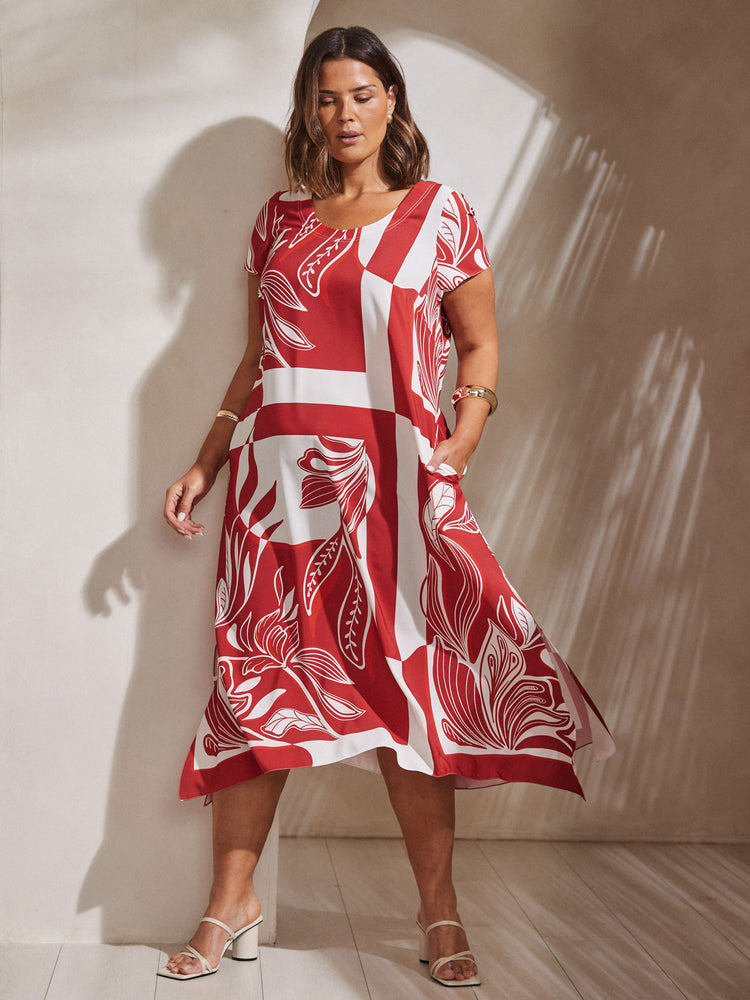 Red Abstract Leaf Print Hanky Hem Midi Dress