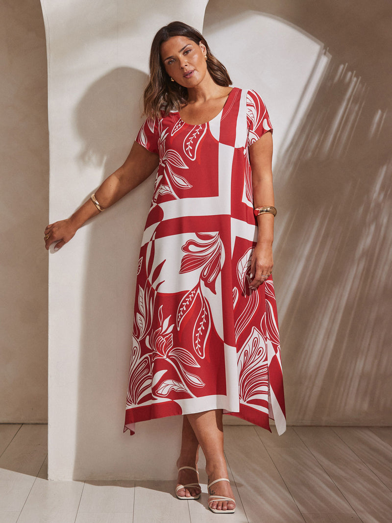 Red Abstract Leaf Print Hanky Hem Midi Dress