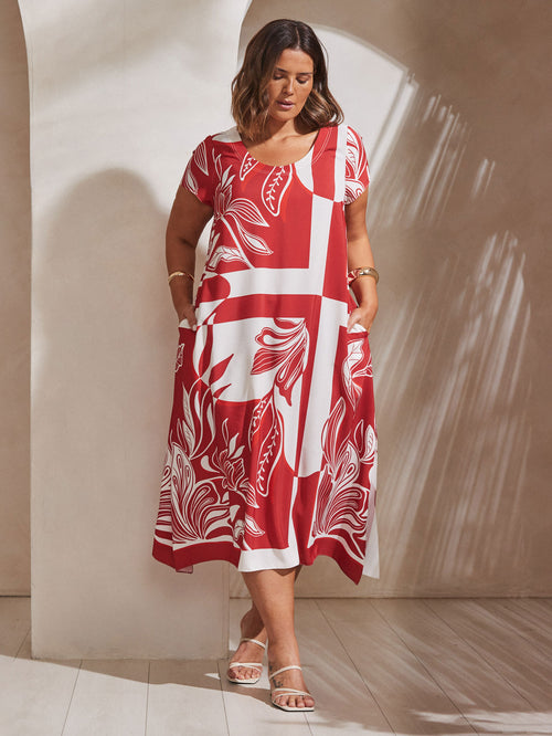 Red Abstract Leaf Print Hanky Hem Midi Dress