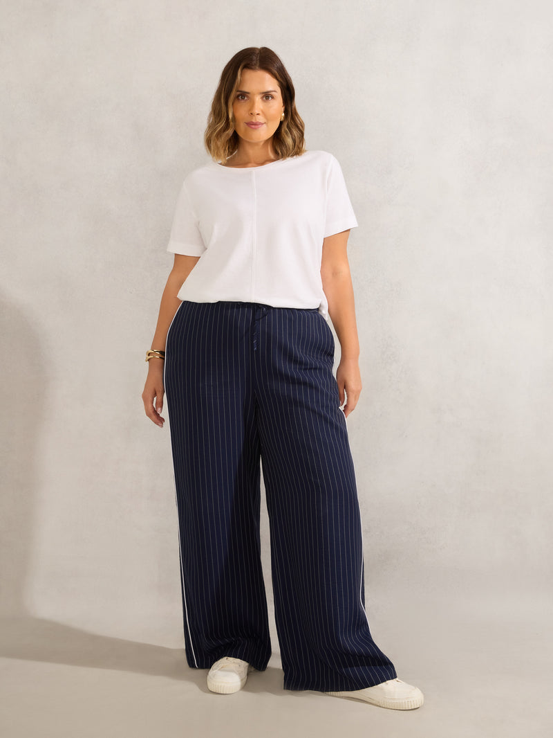 Petite Navy Pinstripe Wide Leg Trouser