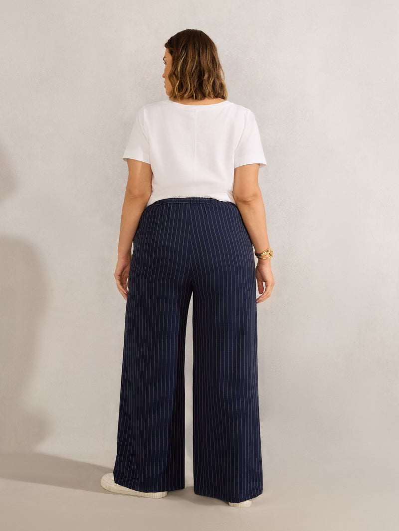 Petite Navy Pinstripe Wide Leg Trouser