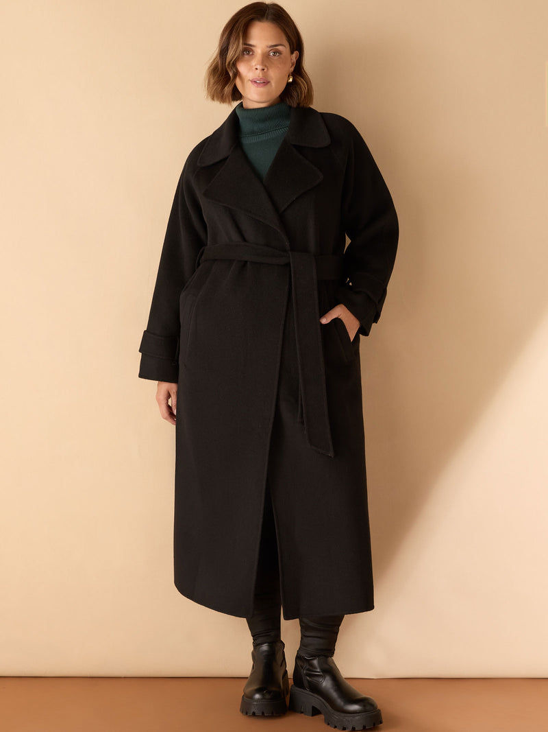 Black Wool Blend Belted Coat