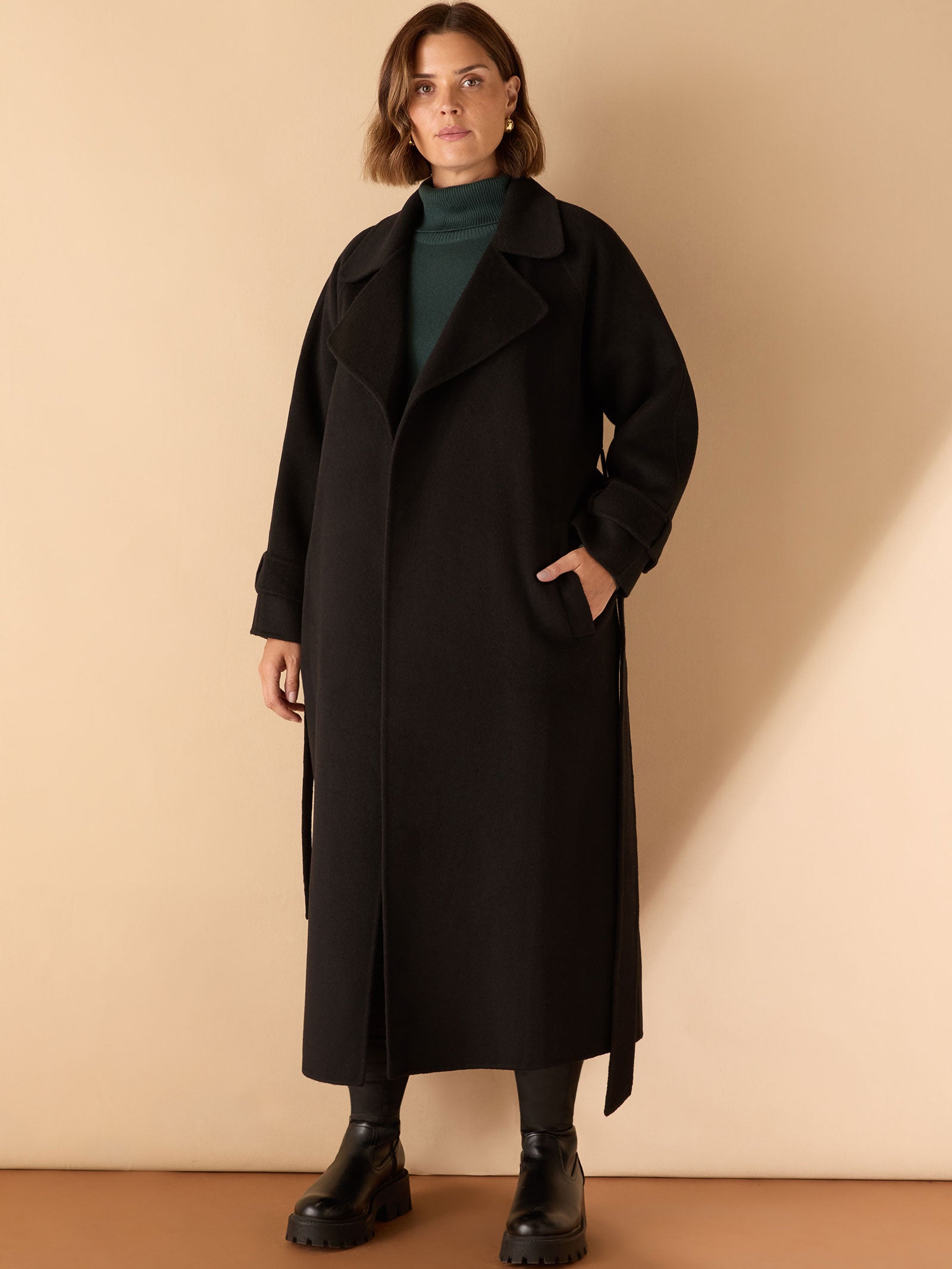 Black Wool Blend Belted Coat