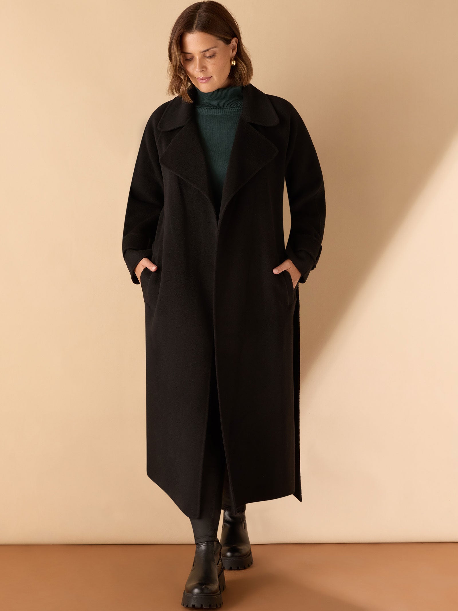 Black Wool Blend Belted Coat
