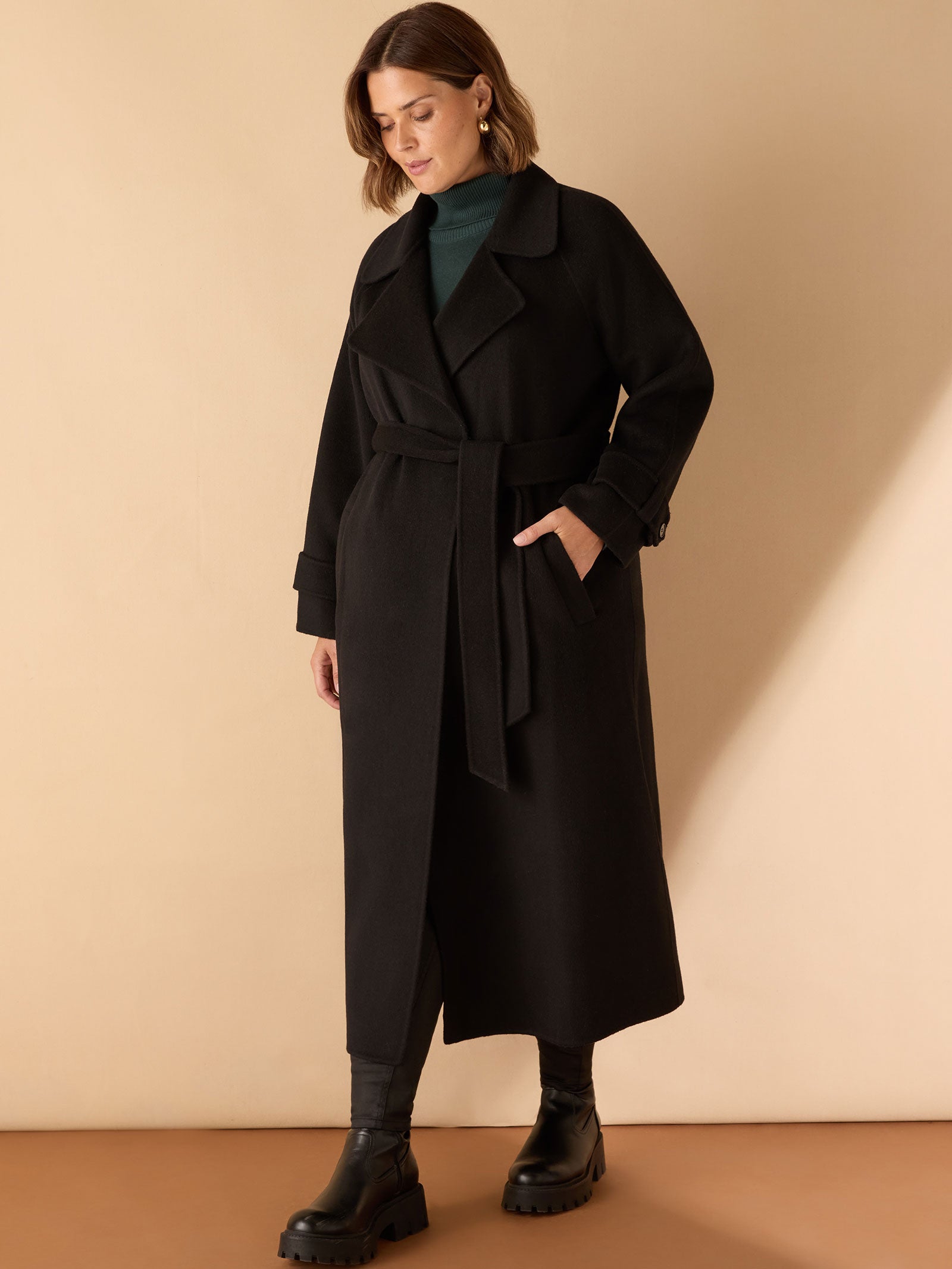 Black Wool Blend Belted Coat