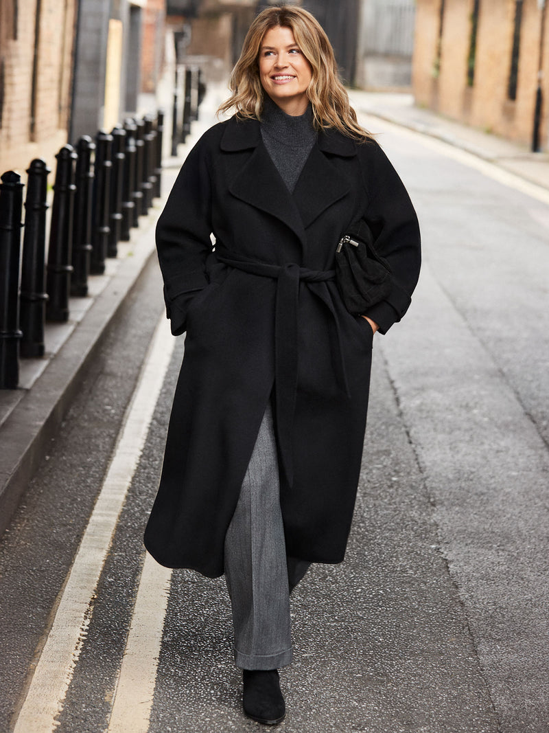Black Wool Blend Belted Coat