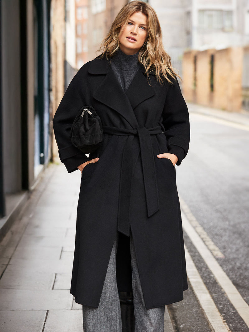 Black Wool Blend Belted Coat