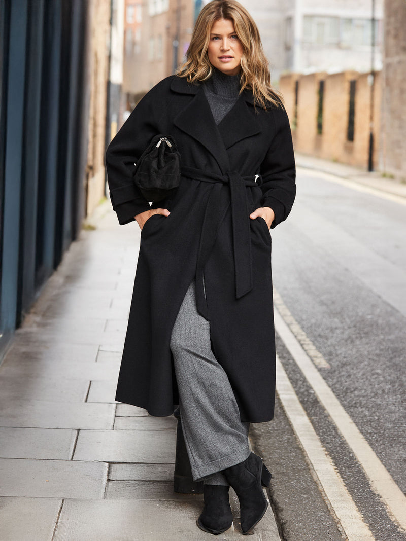Black Wool Blend Belted Coat
