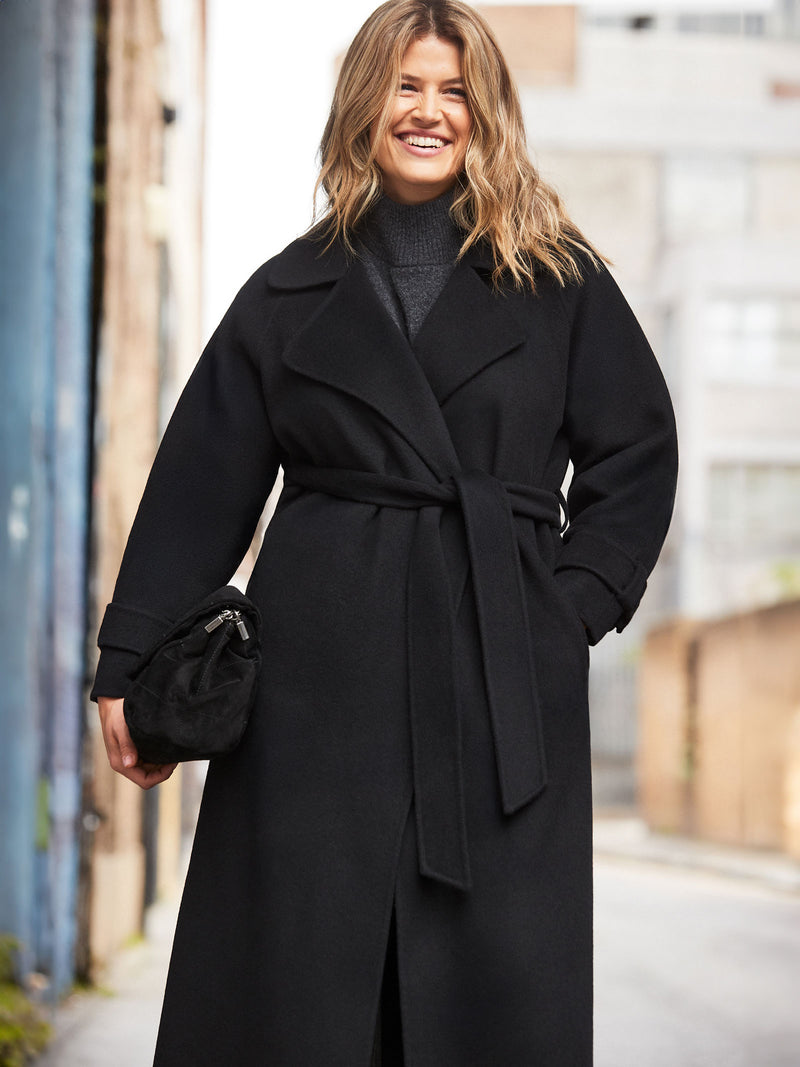 Black Wool Blend Belted Coat