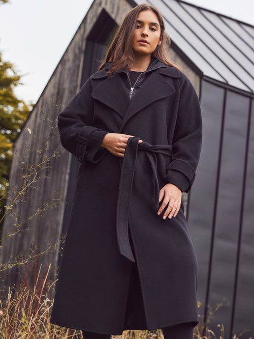 Black Wool Blend Belted Coat