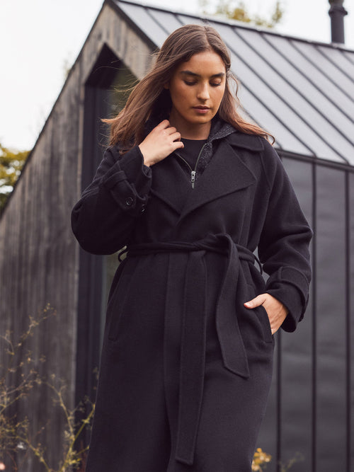 Black Wool Blend Belted Coat