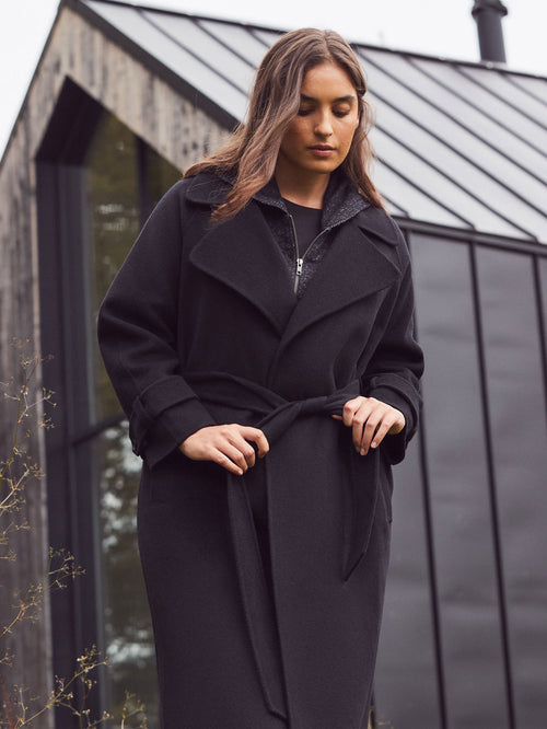 Black Wool Blend Belted Coat