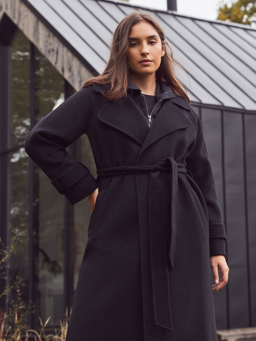 Black Wool Blend Belted Coat