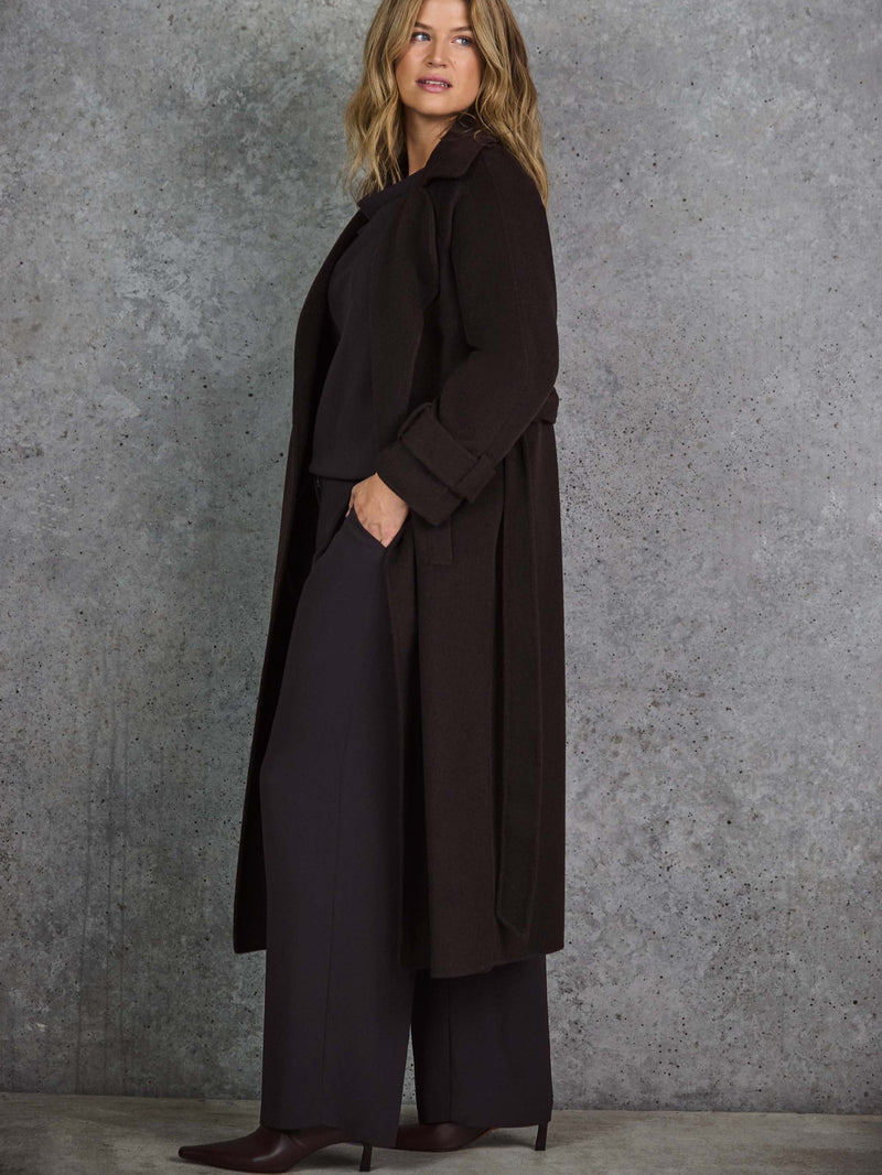 Chocolate Brown Wool Blend Belted Coat