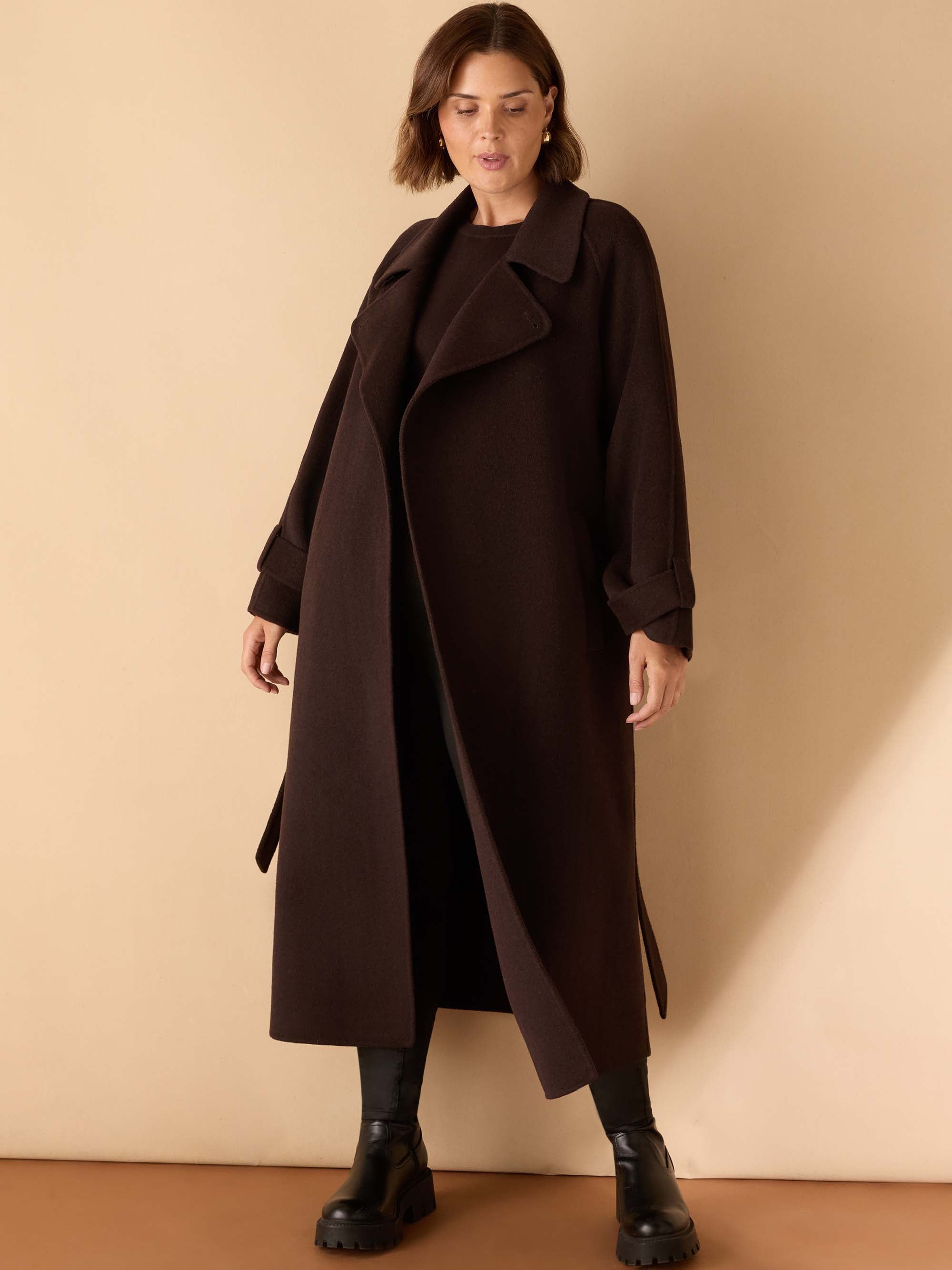 Chocolate Brown Wool Blend Belted Coat