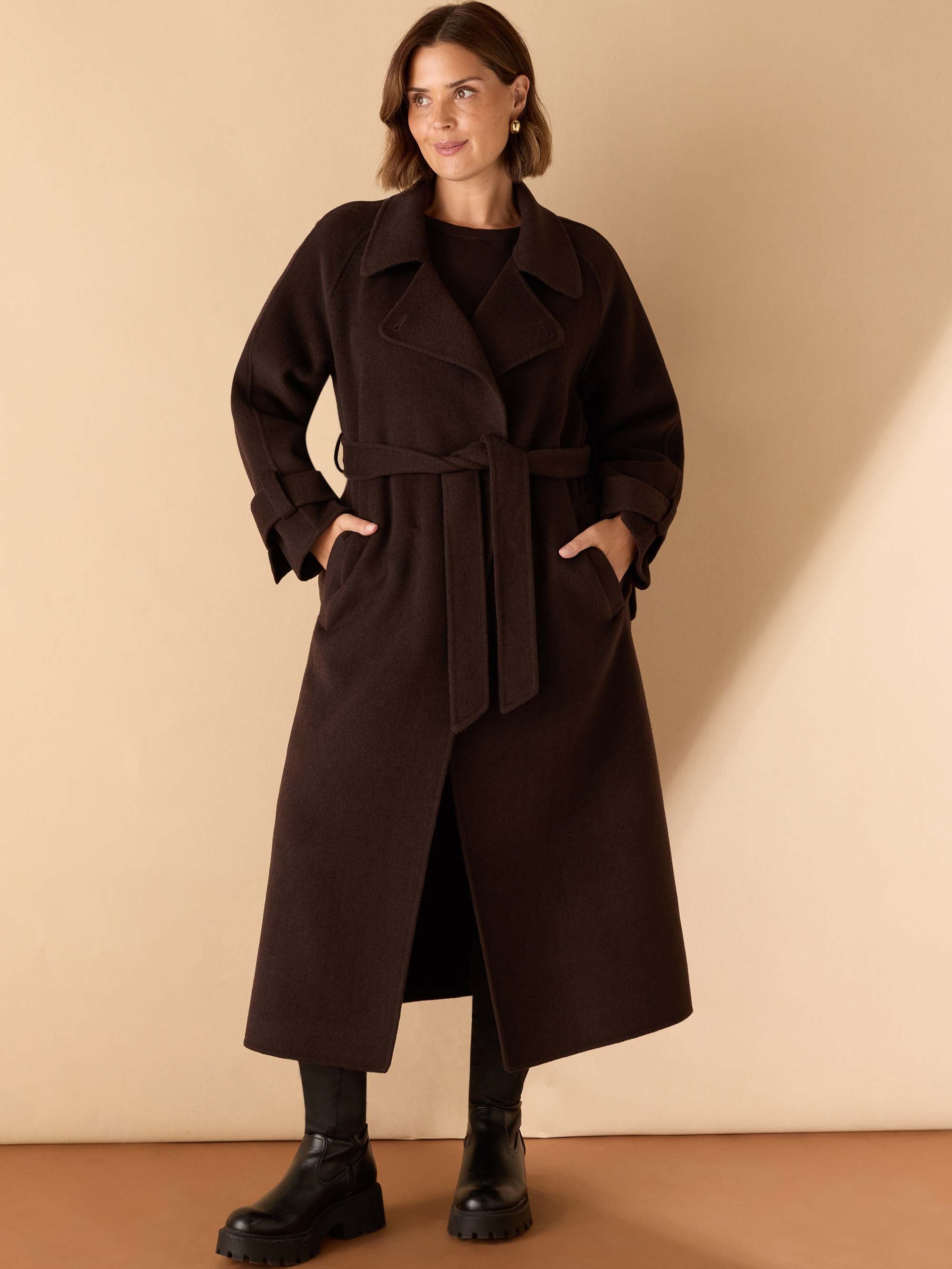 Chocolate Brown Wool Blend Belted Coat
