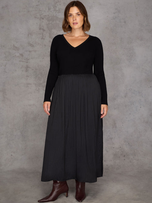Black Knit Bodice Pleated Skirt Dress