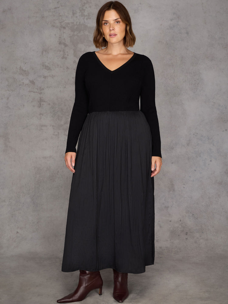 Black Knit Bodice Pleated Skirt Dress