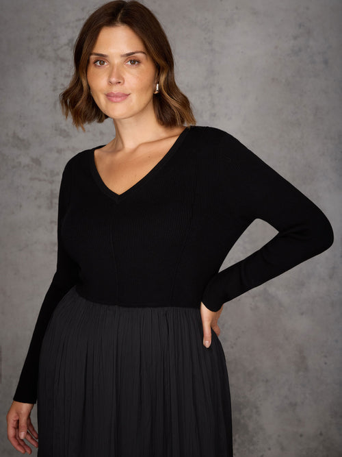 Black Knit Bodice Pleated Skirt Dress