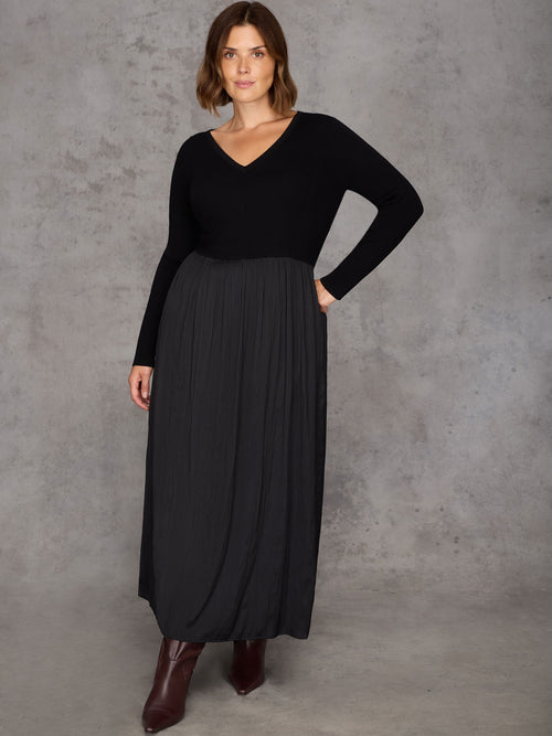 Black Knit Bodice Pleated Skirt Dress