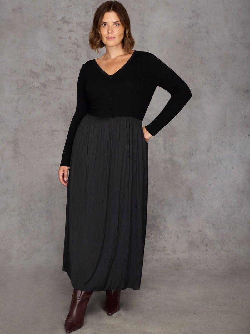 Black Knit Bodice Pleated Skirt Dress