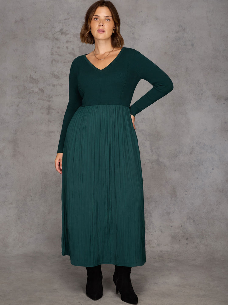 Green Knit Bodice Pleated Skirt Dress