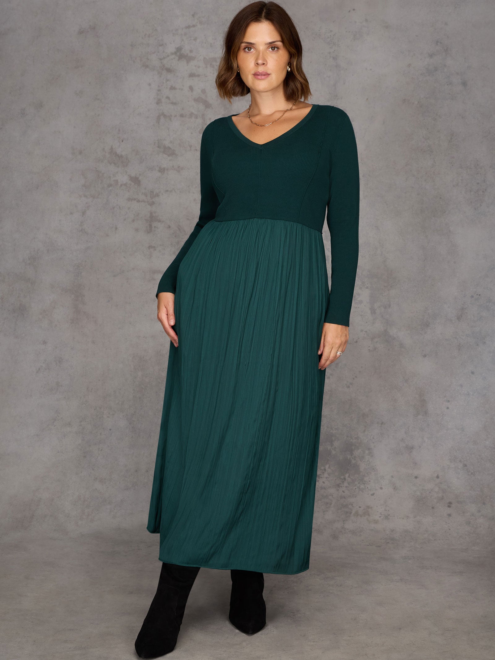 Green Knit Bodice Pleated Skirt Dress