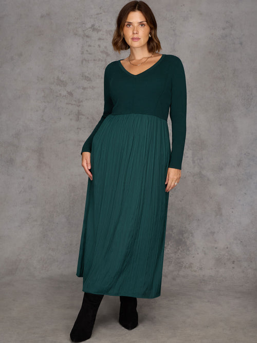 Green Knit Bodice Pleated Skirt Dress