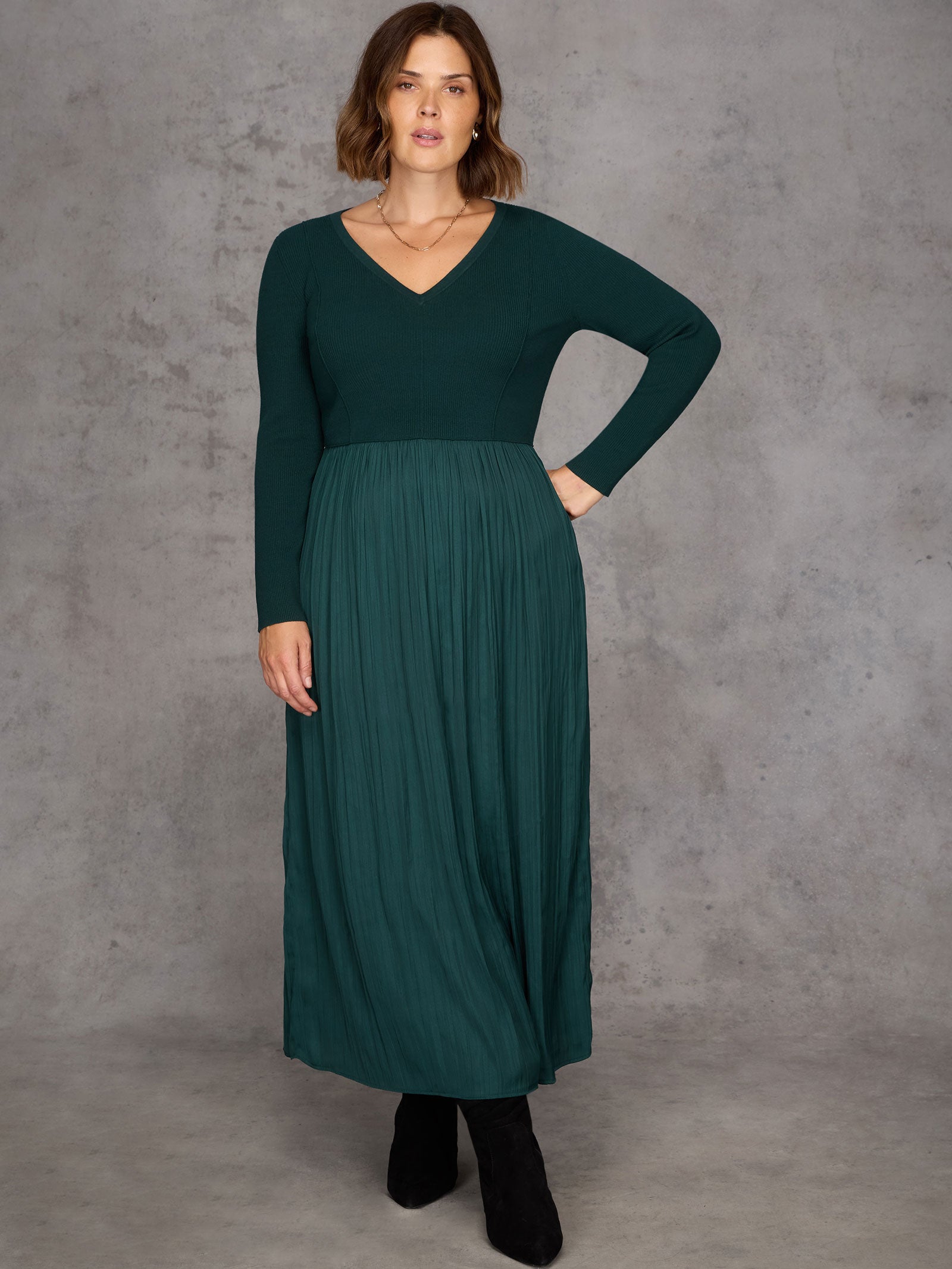 Green Knit Bodice Pleated Skirt Dress