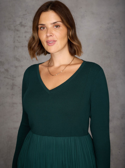 Green Knit Bodice Pleated Skirt Dress