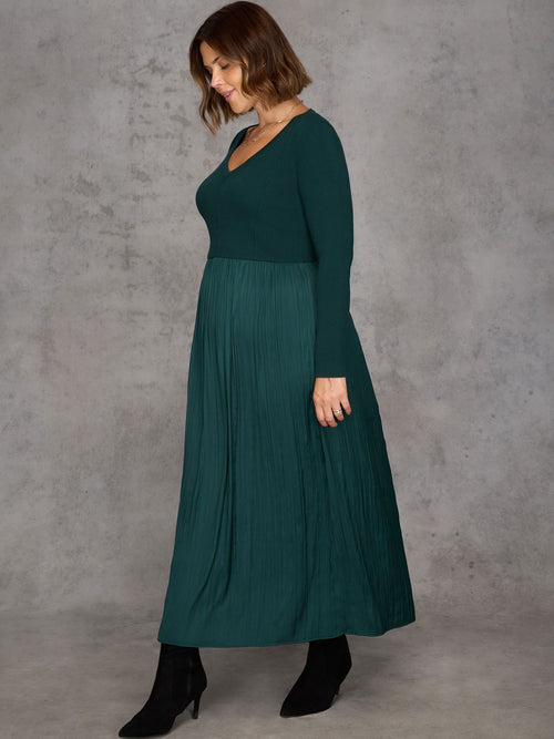 Green Knit Bodice Pleated Skirt Dress