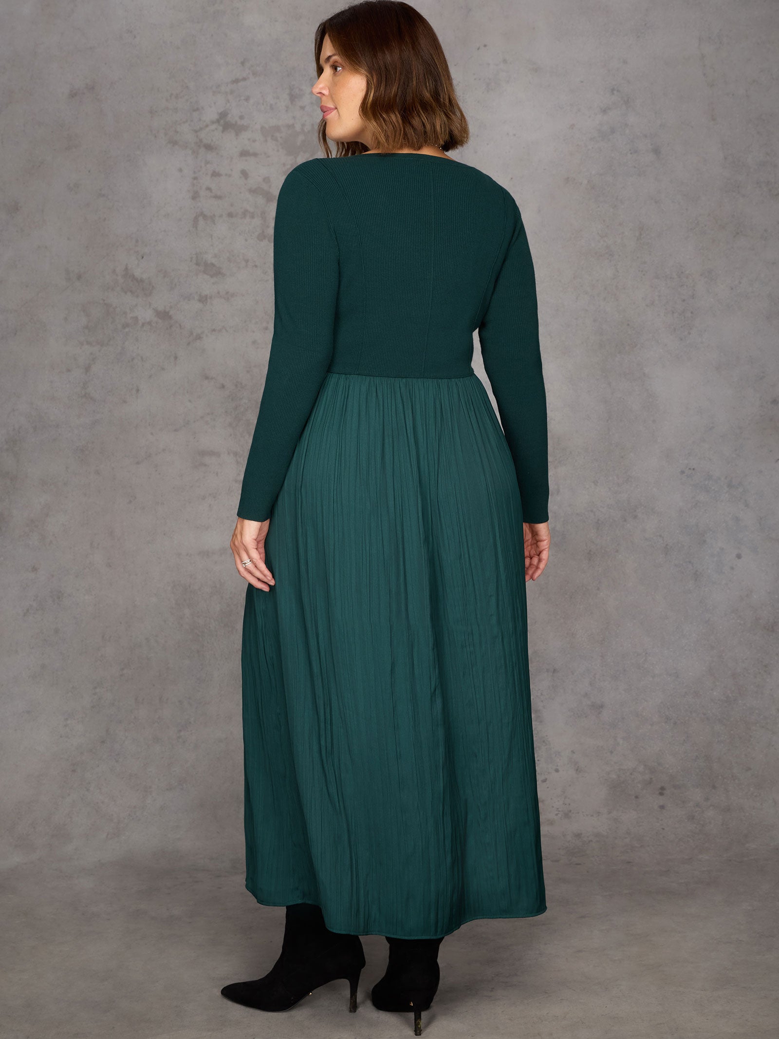 Green Knit Bodice Pleated Skirt Dress
