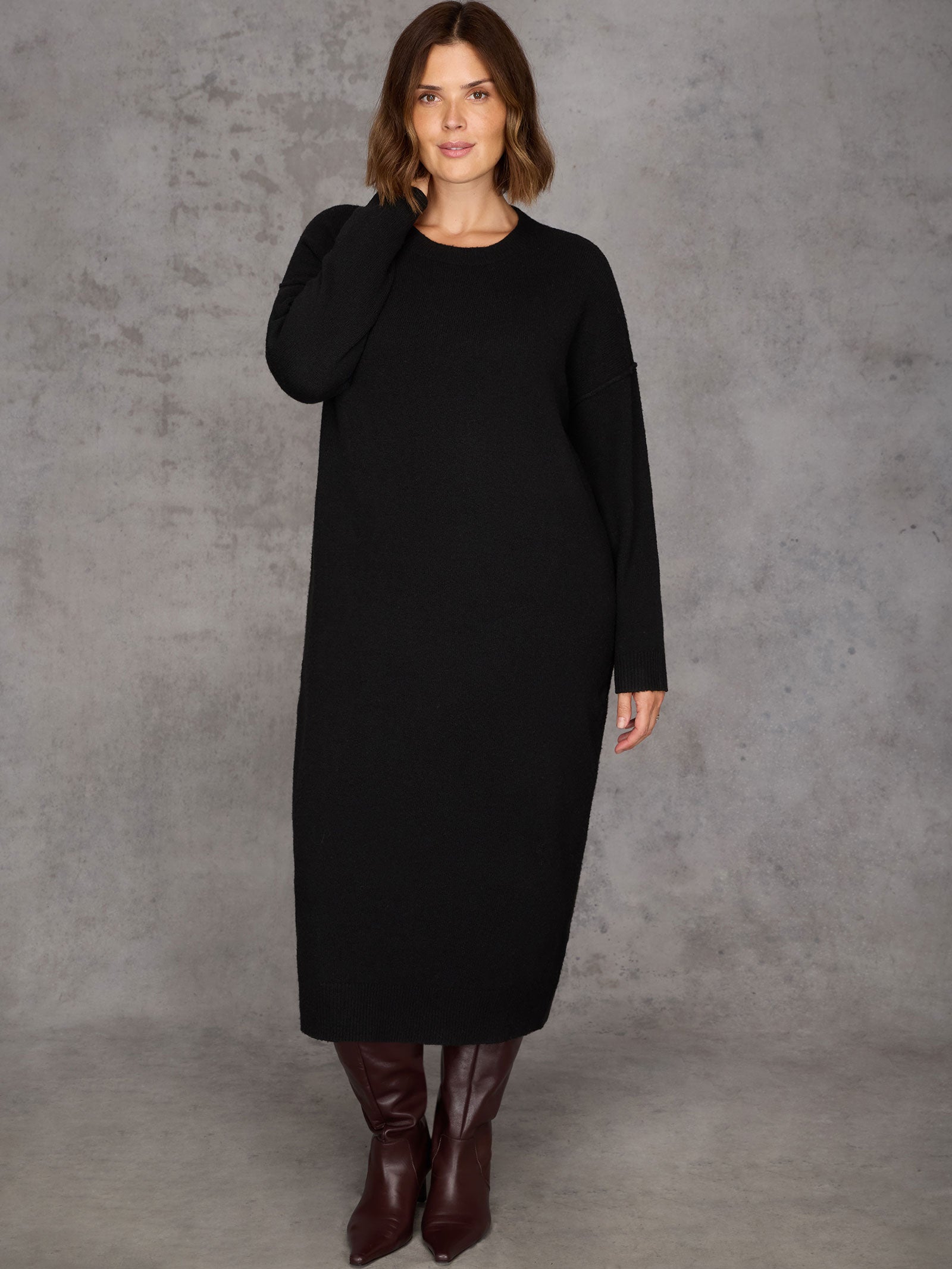 Black Round Neck Knit Jumper Dress