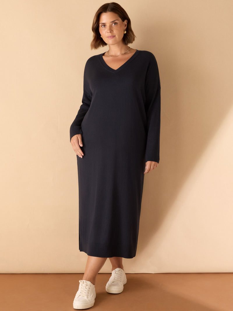 Navy V Neck Knit Jumper Dress
