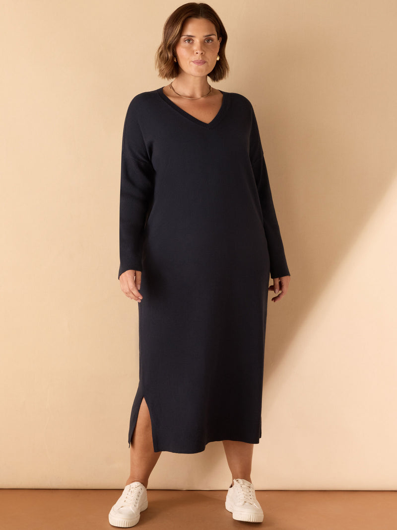 Navy V Neck Knit Jumper Dress