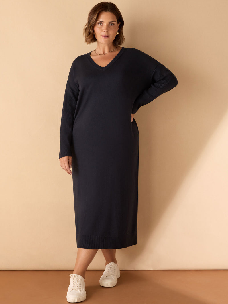 Navy V Neck Knit Jumper Dress
