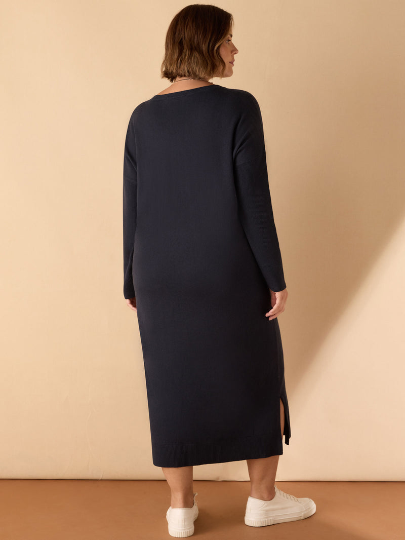 Navy V Neck Knit Jumper Dress