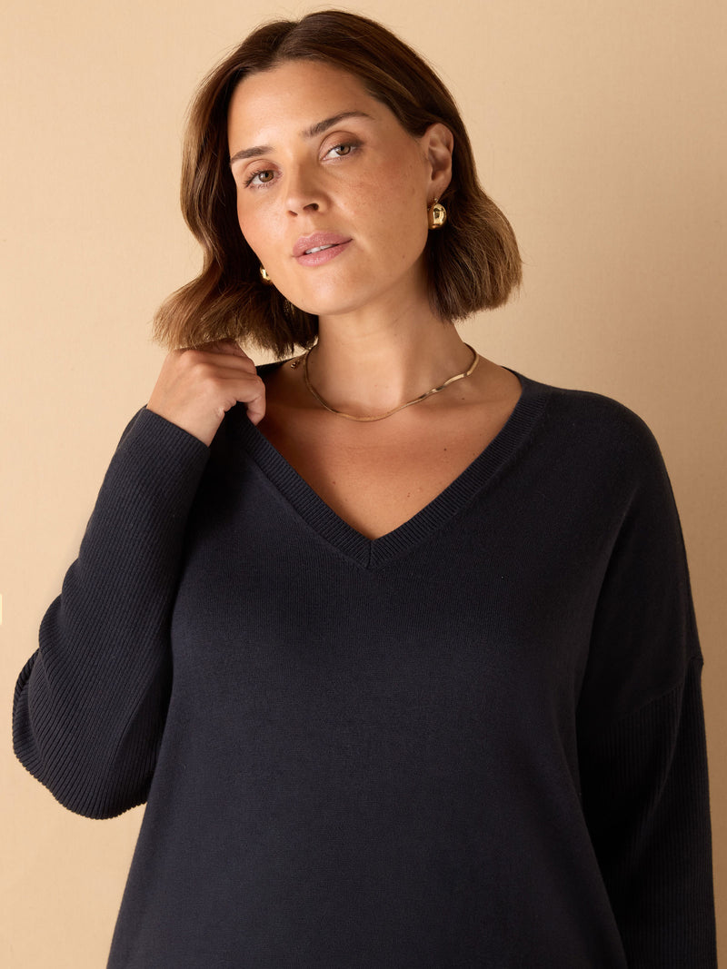 Navy V Neck Knit Jumper Dress