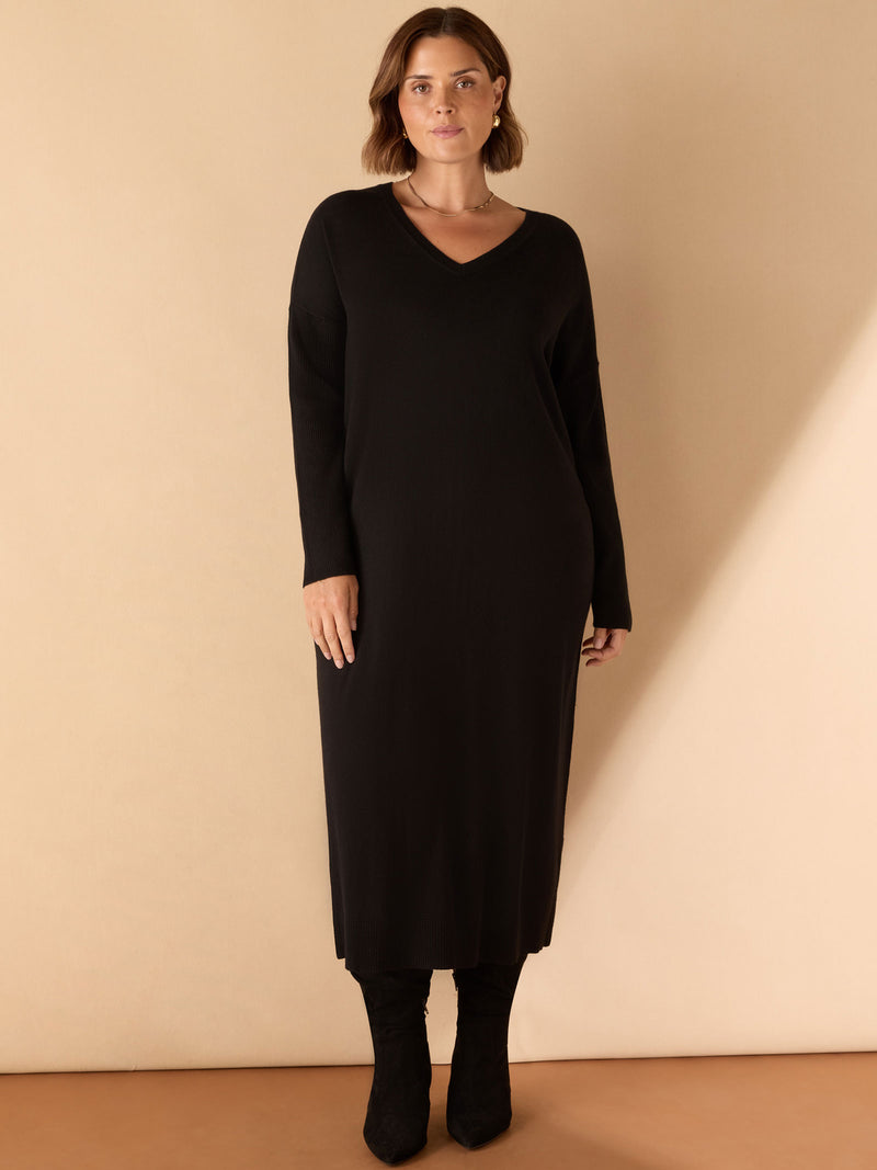 Black V Neck Knit Jumper Dress