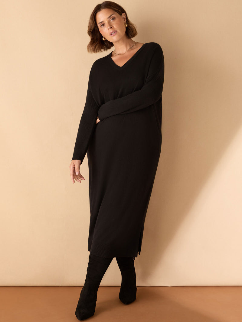 Black V Neck Knit Jumper Dress
