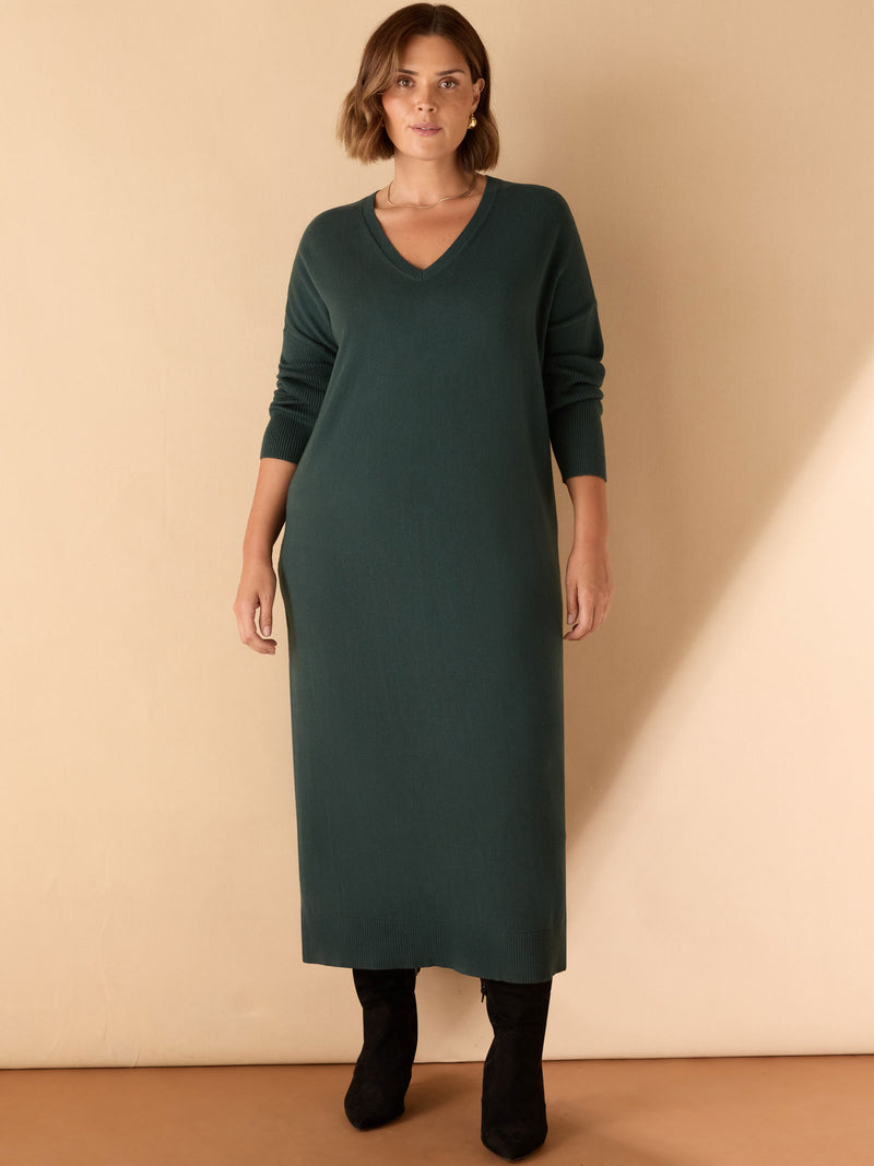 Green V Neck Knit Jumper Dress