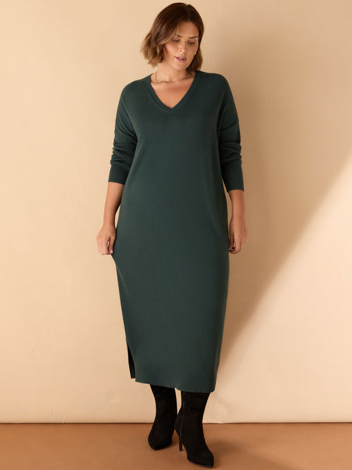 Green V Neck Knit Jumper Dress